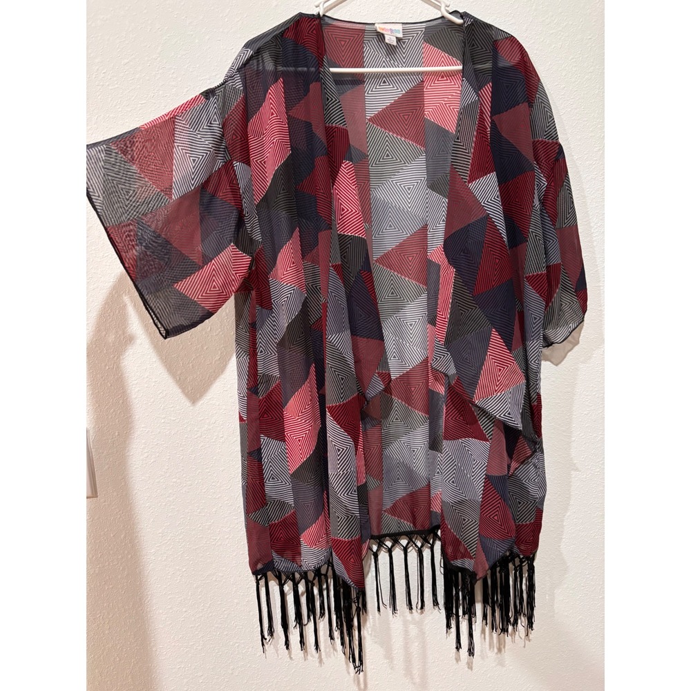 LuLaRoe Geometric Print Kimono Cardigan L Cover Up Fringe Bohemian Festival - Picture 12 of 12